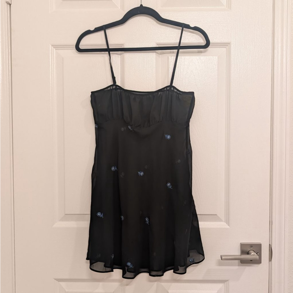 Vintage 90s Y2K babydoll cami black top fairycore coquette blue embroidery Sz M - Picture 4 of 9